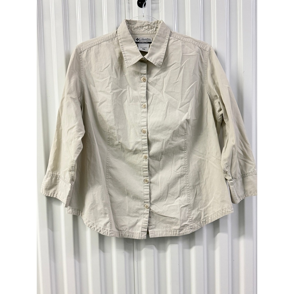Columbia Button Down Shirt Womens XL Beige Good 3/4 Sleeve Cotton AL7254